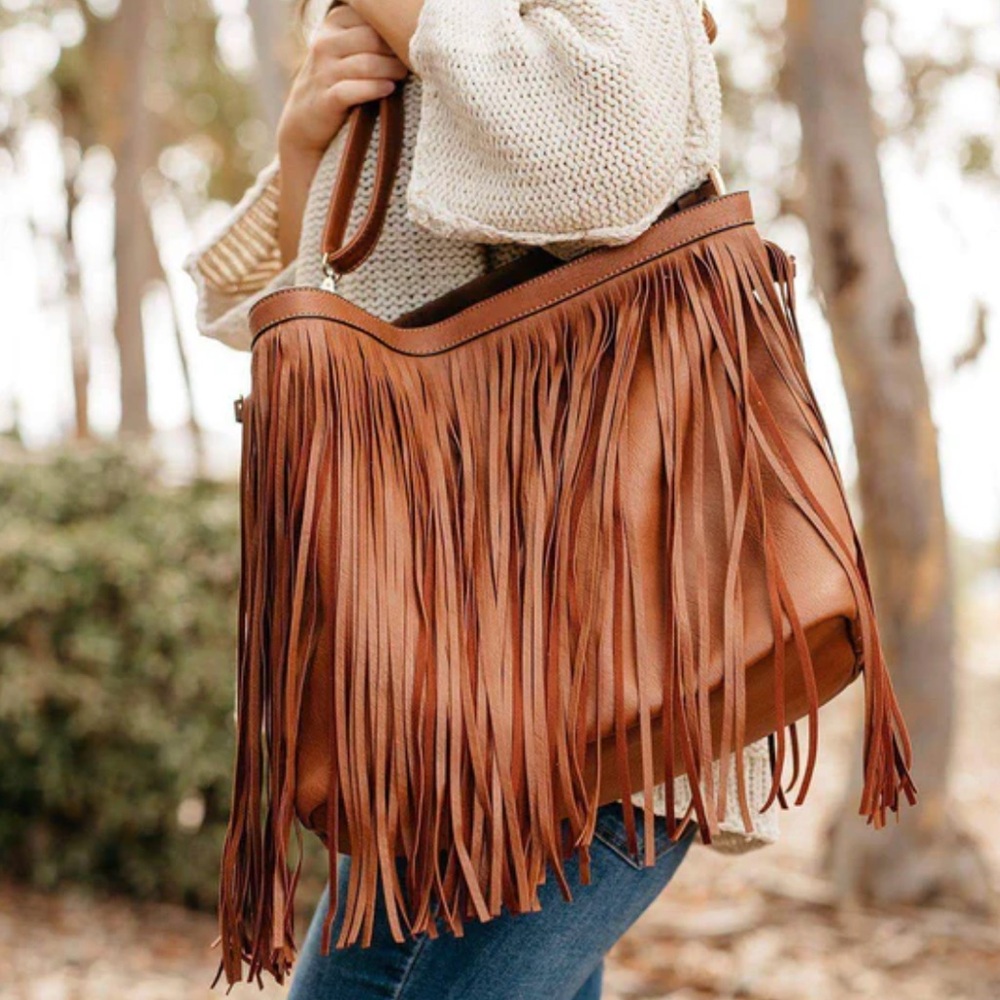 CALIN Collection Vegan Leather 2-in-1 Fringe Tote - Light Brown